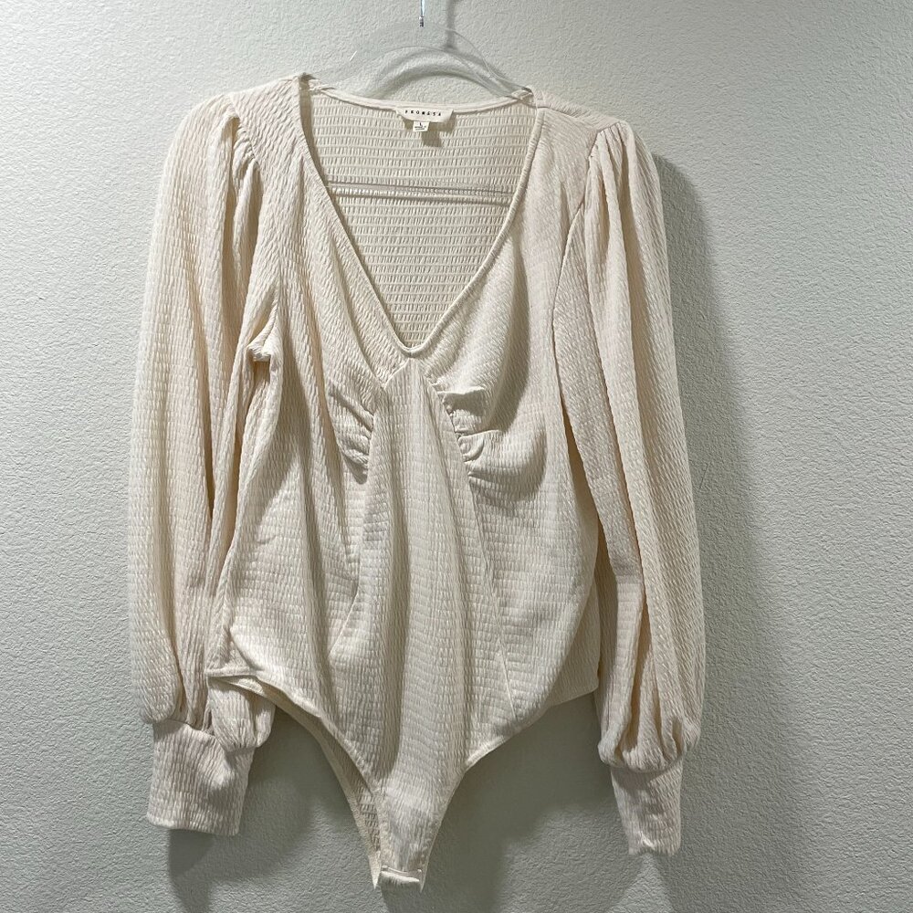 PROMESA Long Bishop Sleeve Body Suit V-Neck Waffle Knit Ivory Women L - Picture 3 of 12